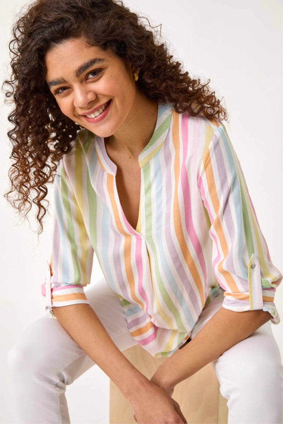 Roman Pink Stripe Print Pleat Detail Tunic Top