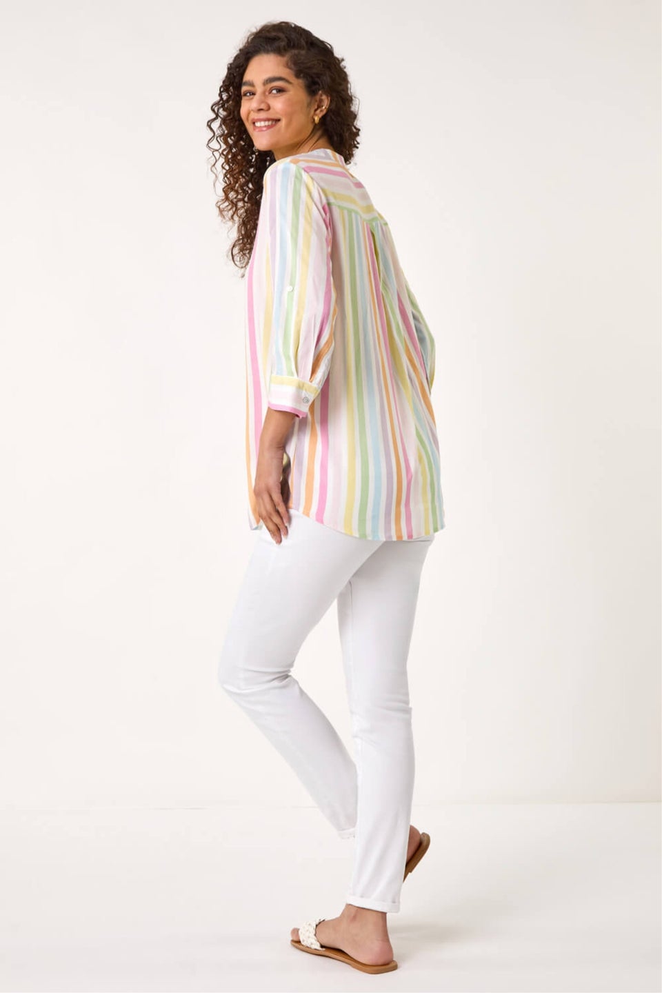Roman Pink Stripe Print Pleat Detail Tunic Top