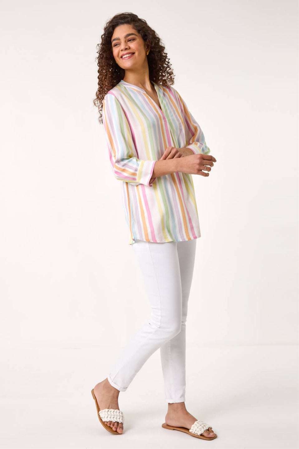 Roman Pink Stripe Print Pleat Detail Tunic Top