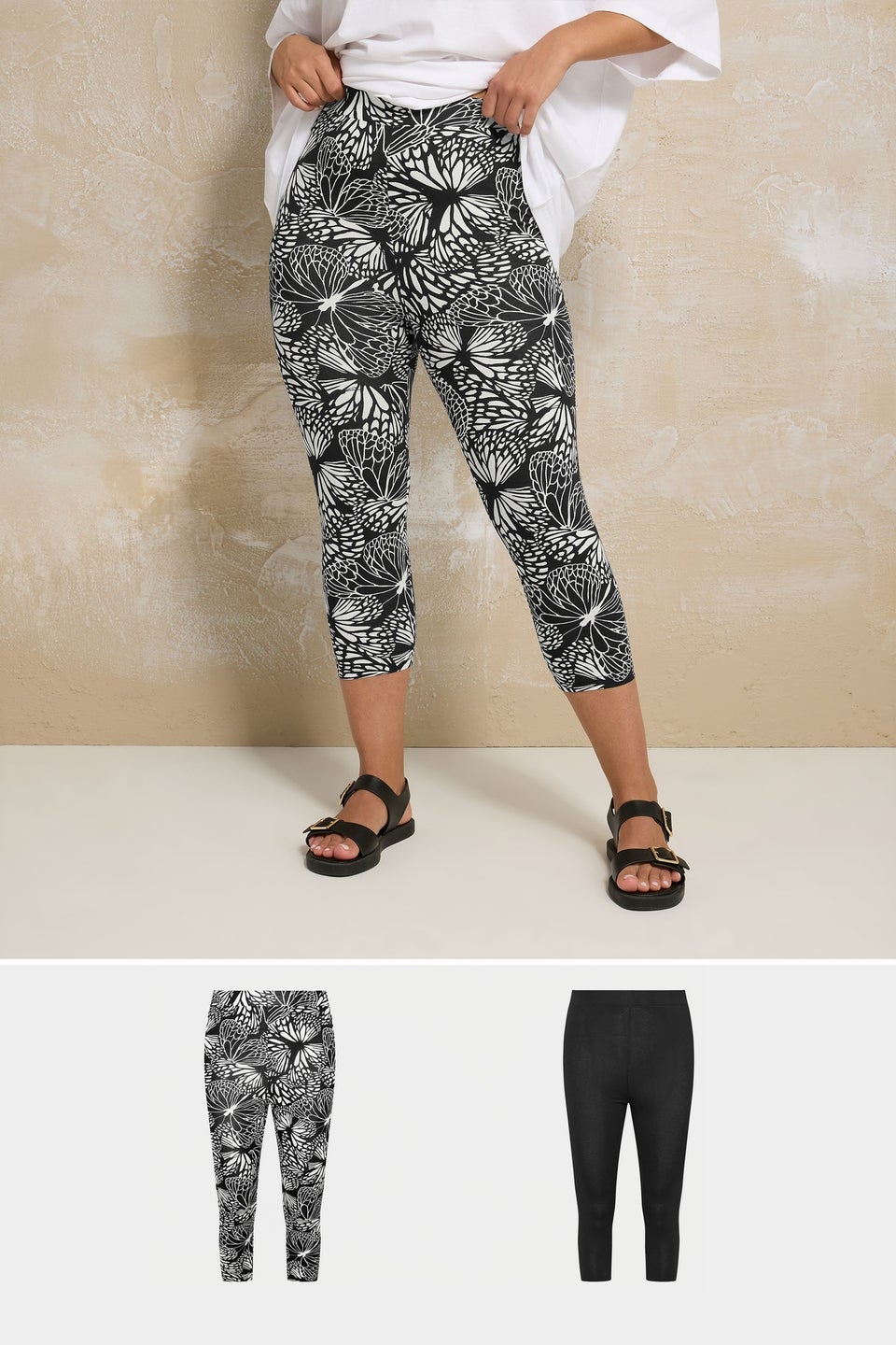 Yours 2 Pack Curve Black Butterfly Print Cropped Leggings