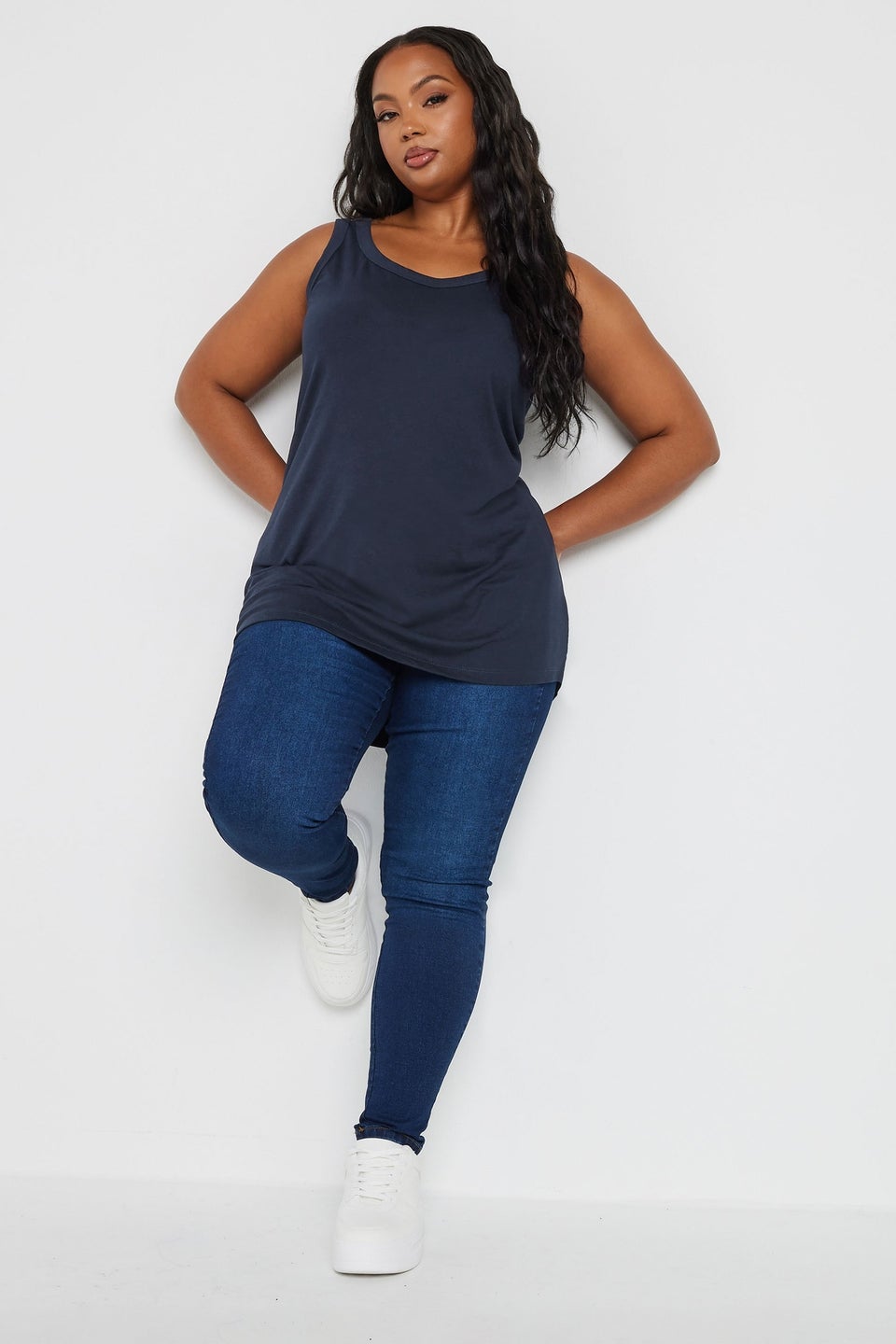 Yours 3 Pack Curve Navy Blue, Black & White Core Vest Tops