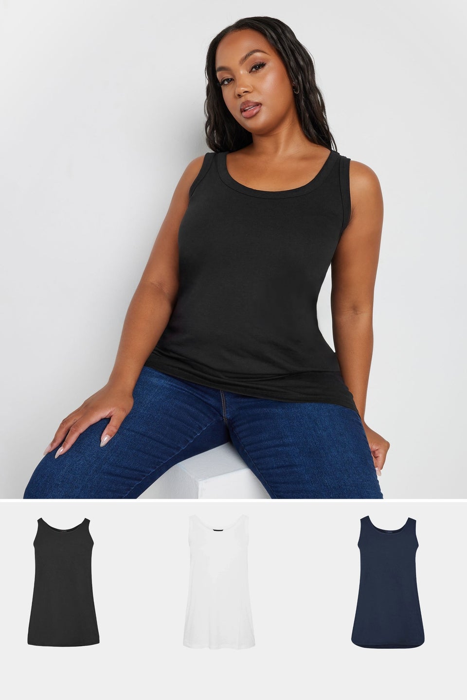 Yours 3 Pack Curve Navy Blue, Black & White Core Vest Tops