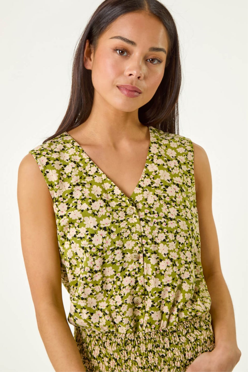 Roman Khaki Petite Ditsy Print Shirred Blouson Top