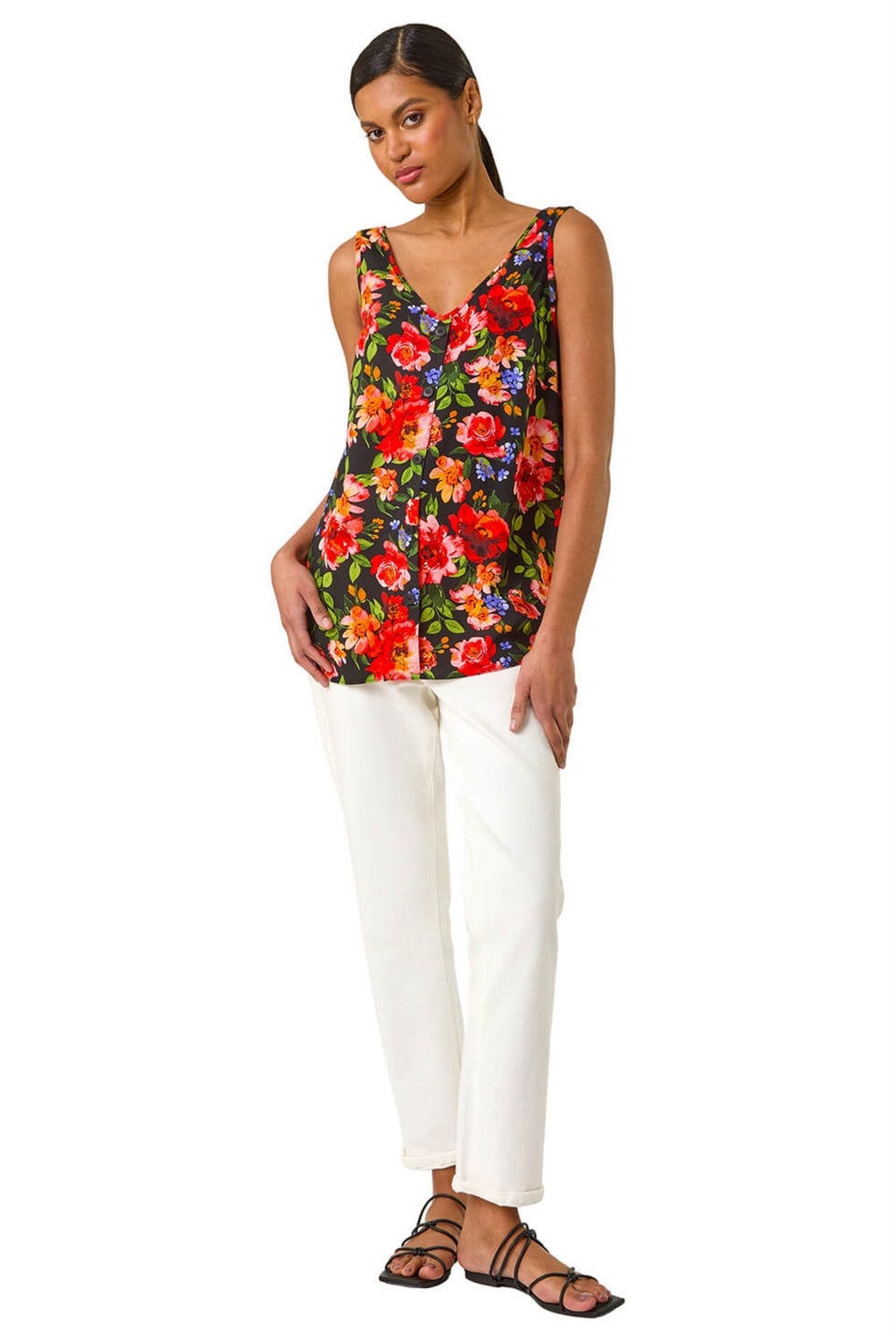 Roman Red Floral Buttoned Vest Top