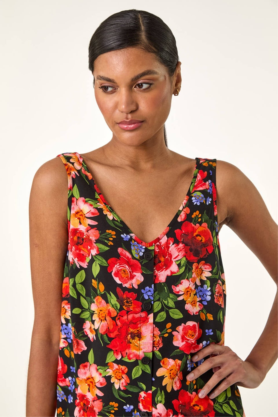 Roman Red Floral Buttoned Vest Top