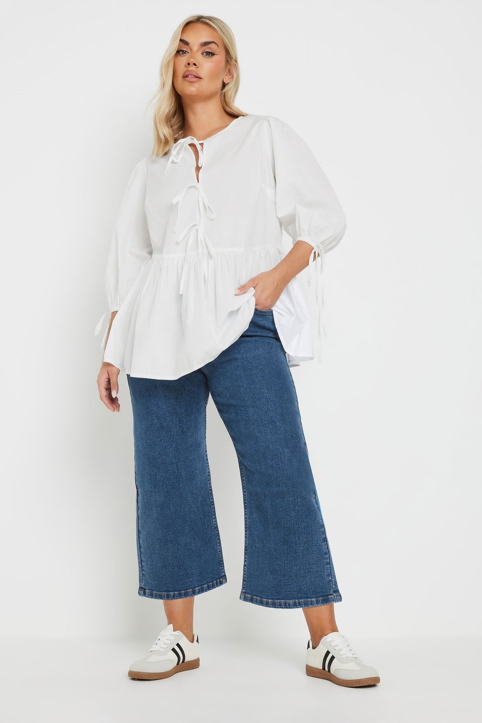 Yours Curve Mid Blue Wide Leg Cropped Denim Jeans