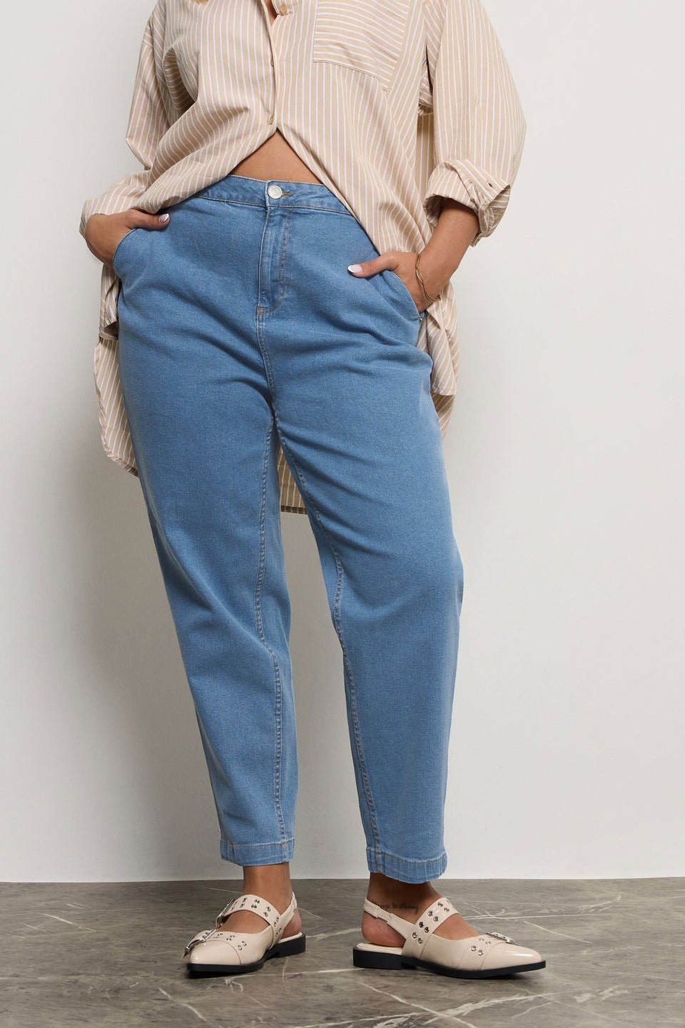 Yours Curve Mid Blue Stretch Denim Barrel Jeans