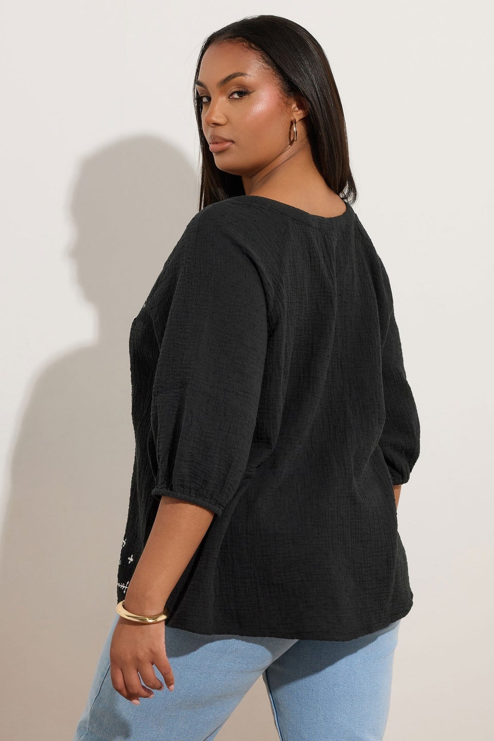 Yours Curve Black Embroidered Tie Front Blouse