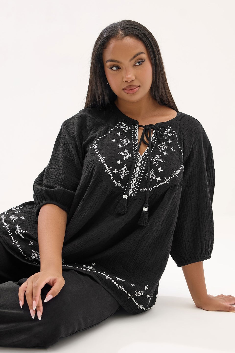 Yours Curve Black Embroidered Tie Front Blouse