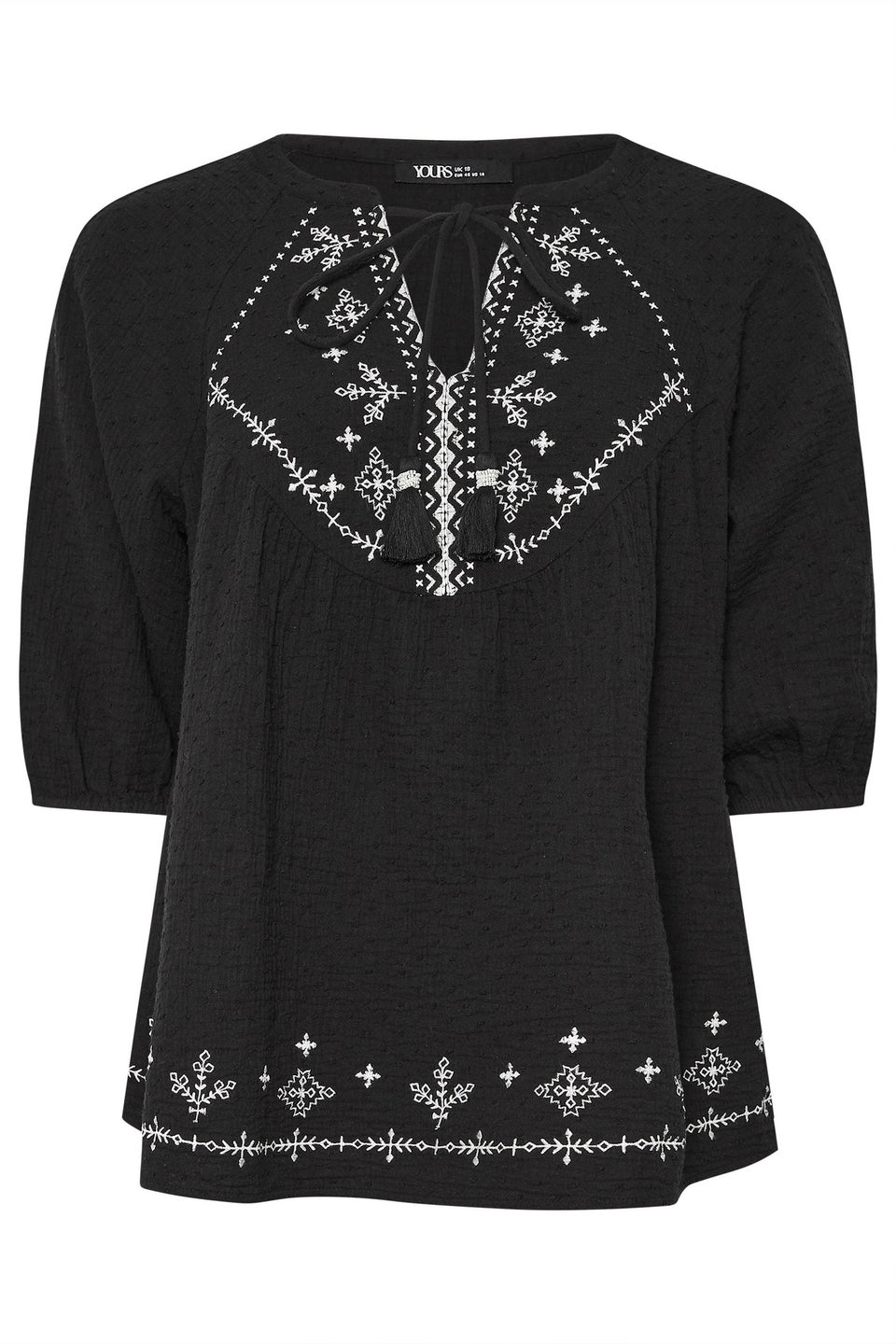 Yours Curve Black Embroidered Tie Front Blouse