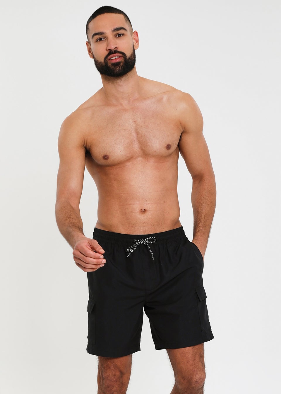 Threadbare Black Mid-length Cargo Swim Shorts