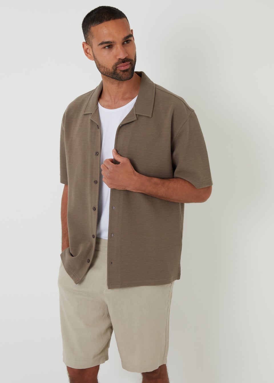 Threadbare Khaki Embley Textured Revere Collar Short Sleeve Shirt