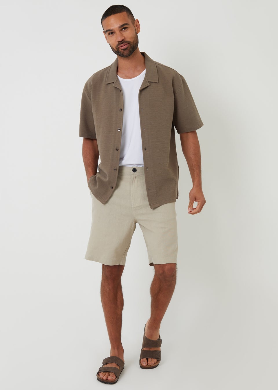 Threadbare Khaki Embley Textured Revere Collar Short Sleeve Shirt
