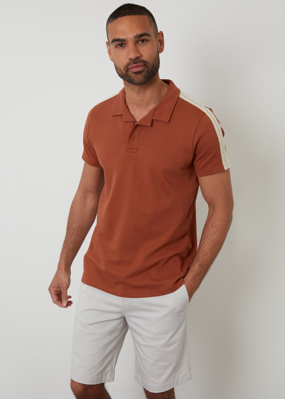Threadbare Terracotta Crochet Detail Revere Collar Polo Shirt