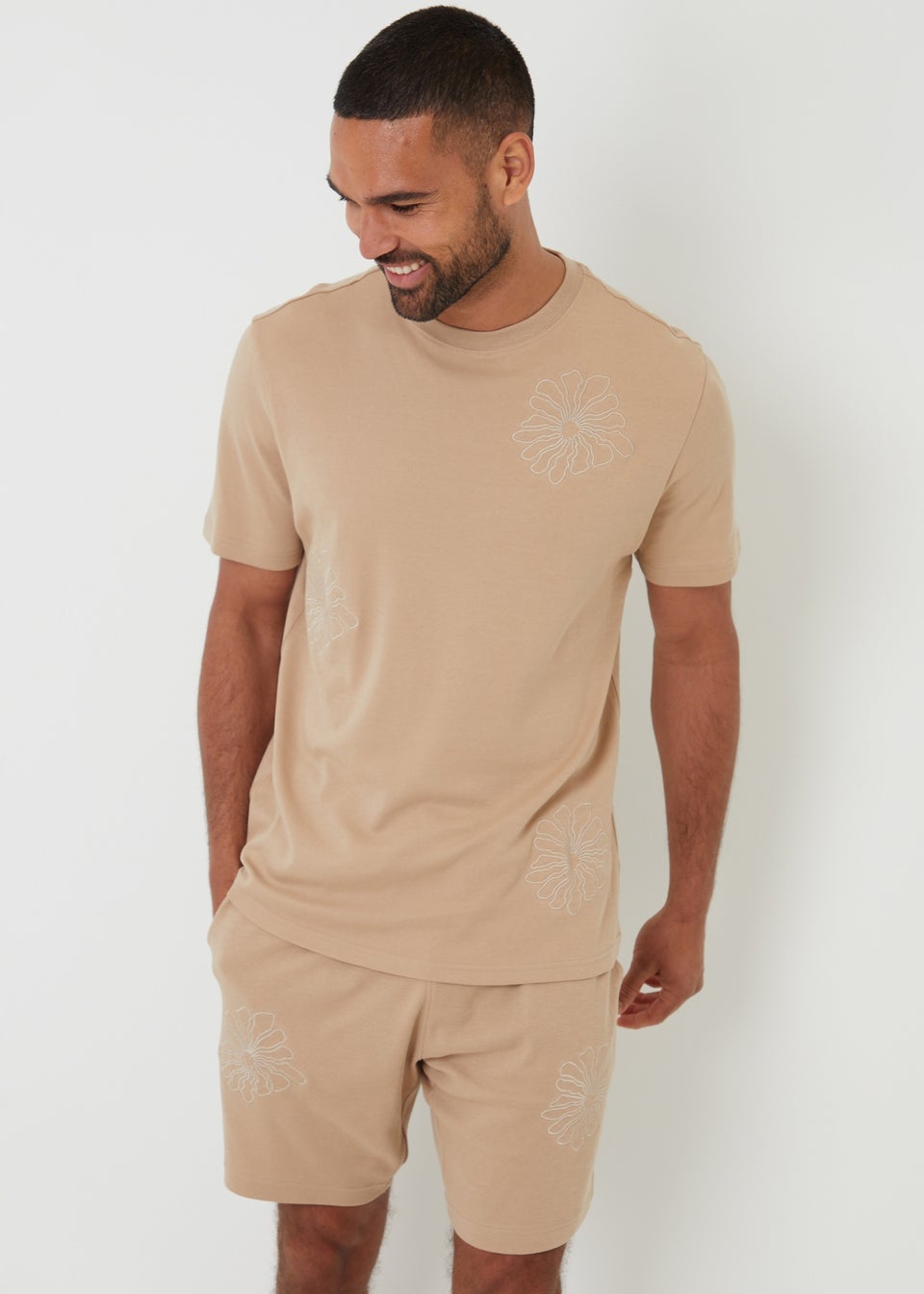 Threadbare Stone Floral Embroidered Cotton Sweat Shorts