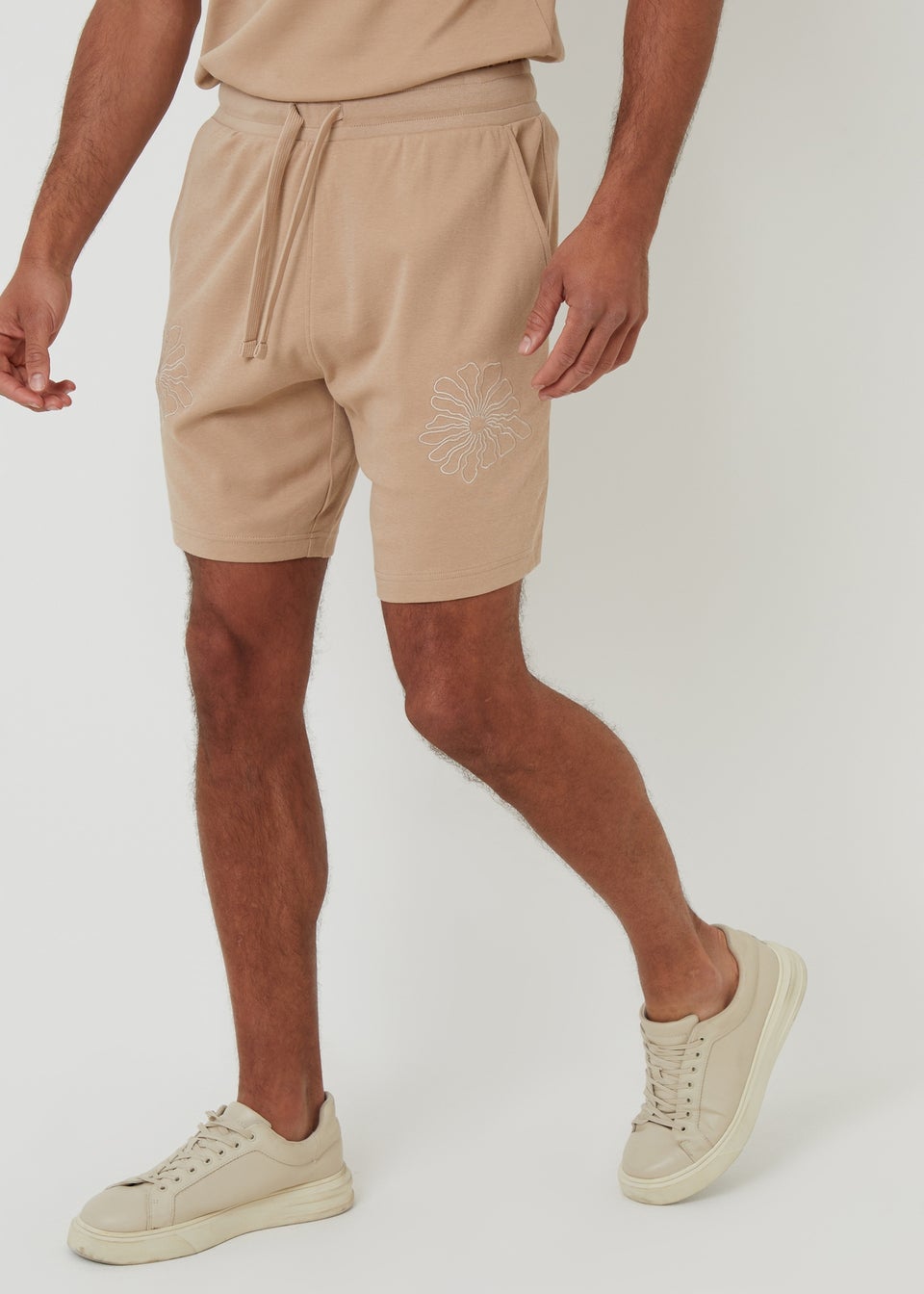 Threadbare Stone Floral Embroidered Cotton Sweat Shorts