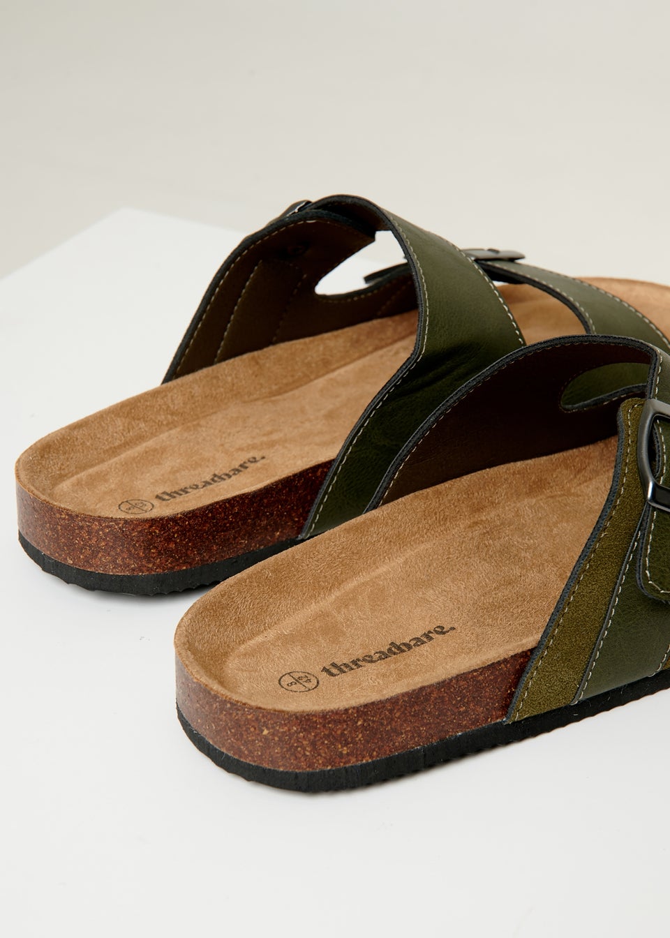 Threadbare Khaki Slip On Two Buckle Strap Sandals
