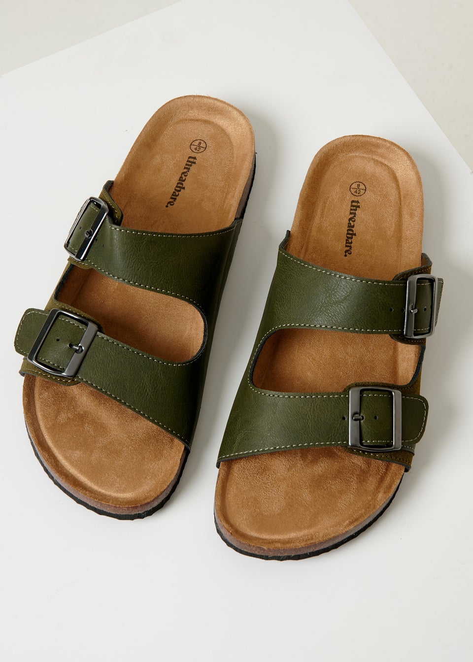 Threadbare Khaki Slip On Two Buckle Strap Sandals