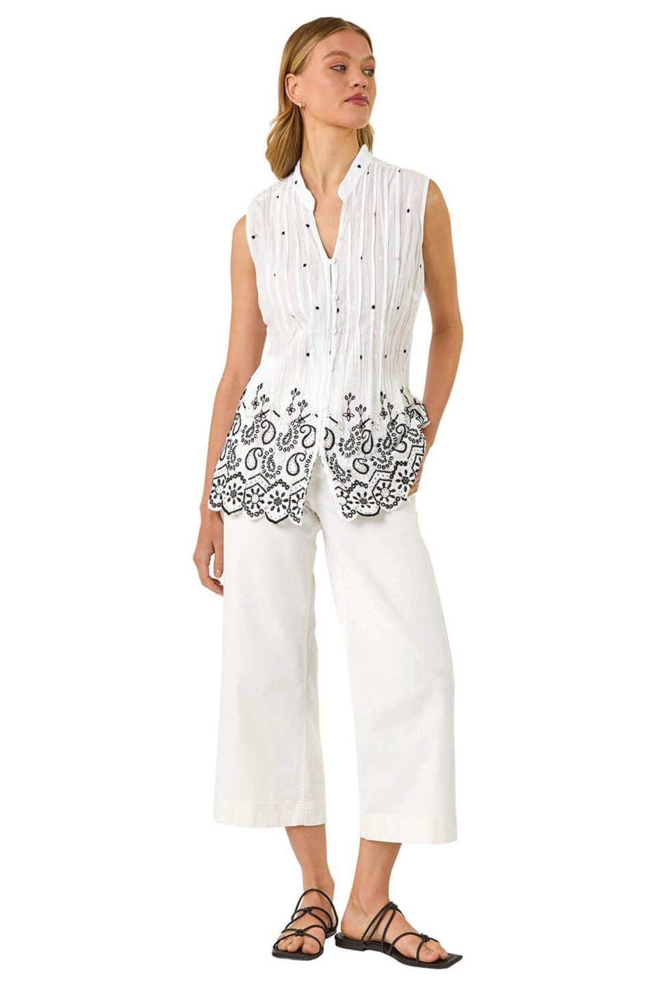 Roman Ivory Embroidered V-Neck Blouse