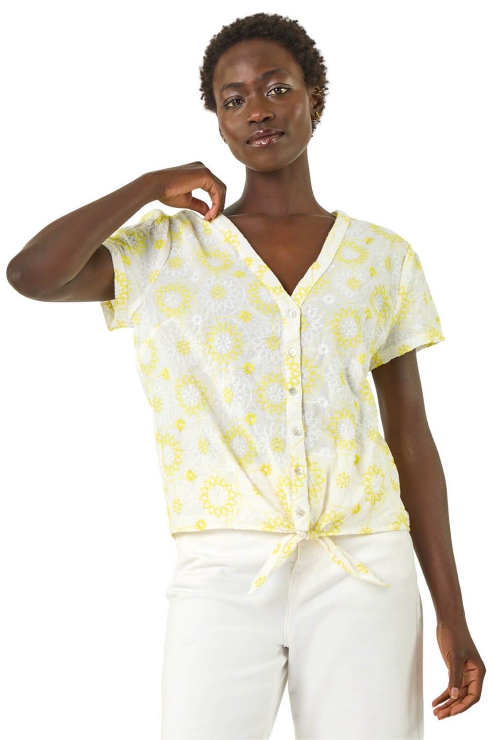 Roman Yellow Cotton Broidery Tie Front Blouse