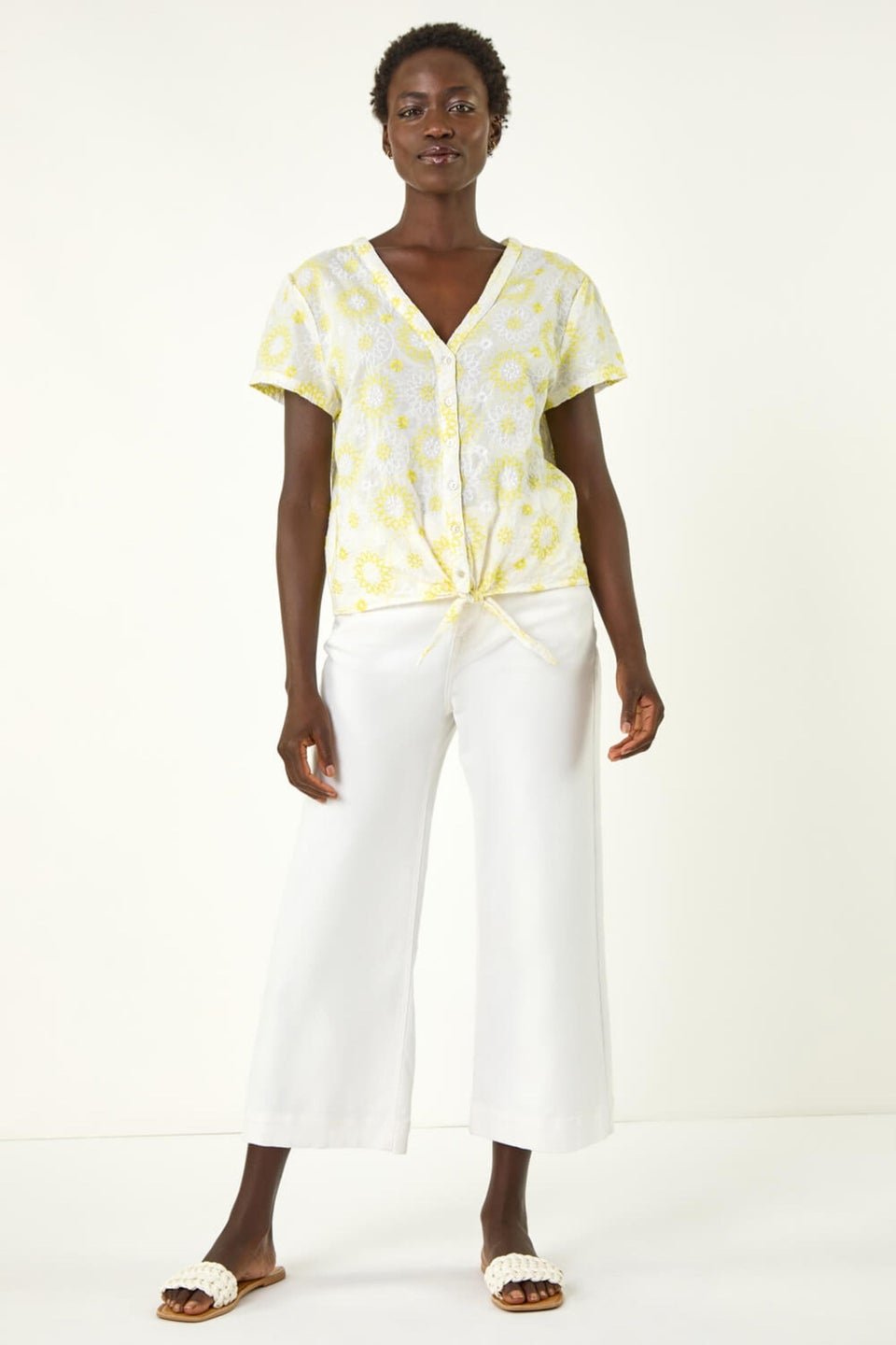 Roman Yellow Cotton Broidery Tie Front Blouse
