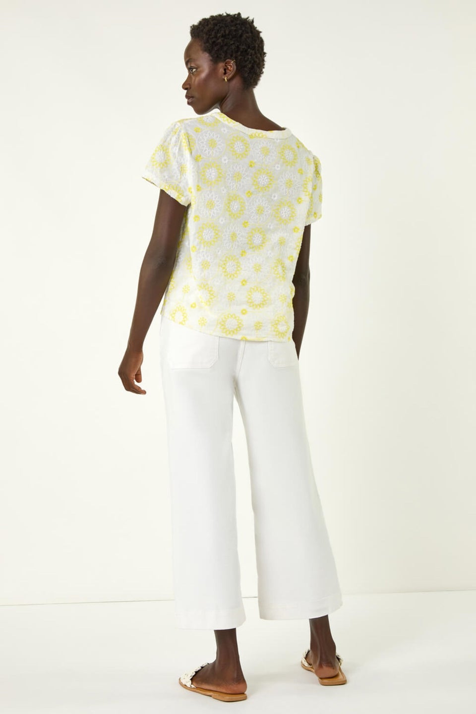 Roman Yellow Cotton Broidery Tie Front Blouse
