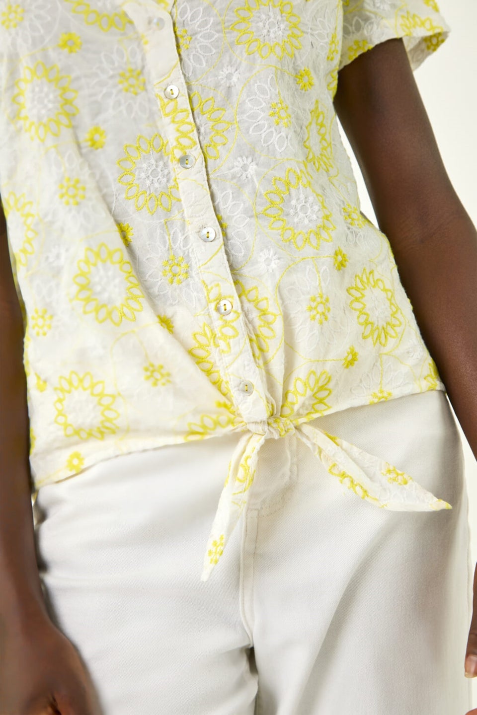 Roman Yellow Cotton Broidery Tie Front Blouse