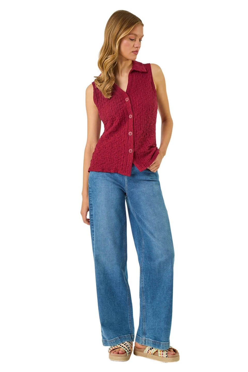 Roman Burgundy Wine Textured Sleeveless Buttoned Blouse