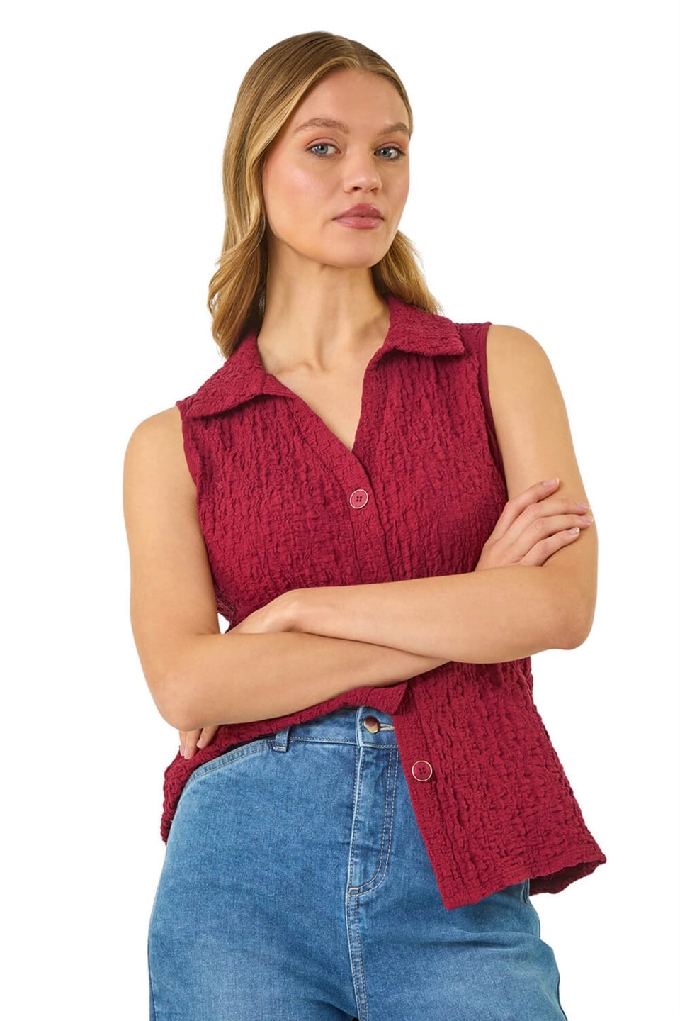 Roman Burgundy Wine Textured Sleeveless Buttoned Blouse
