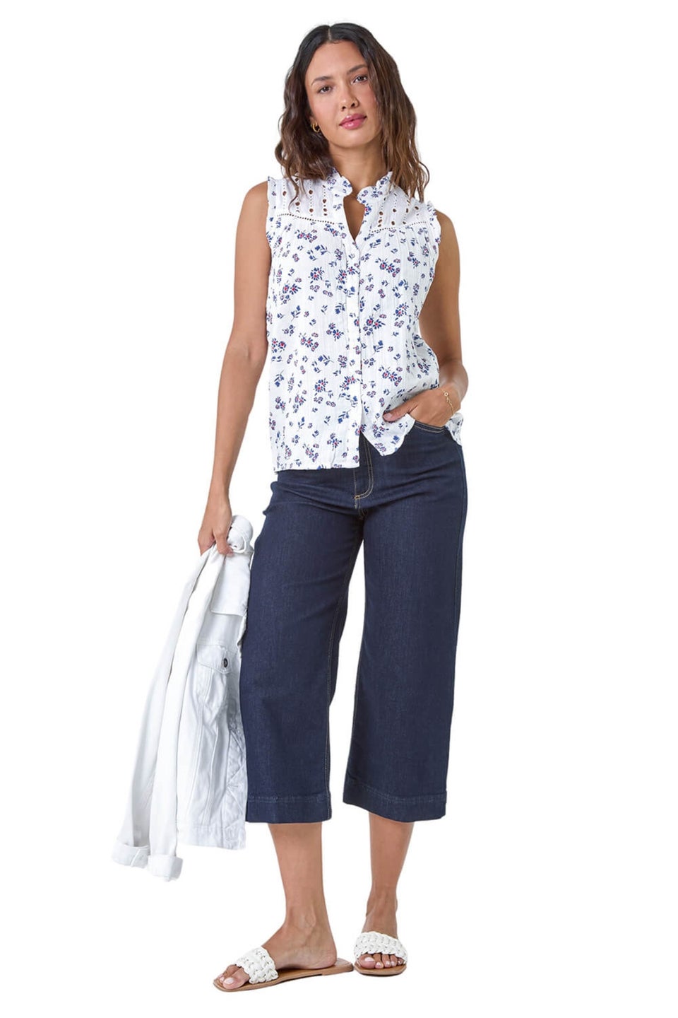 Roman Blue Cotton Embroidered V-Neck Floral Blouse