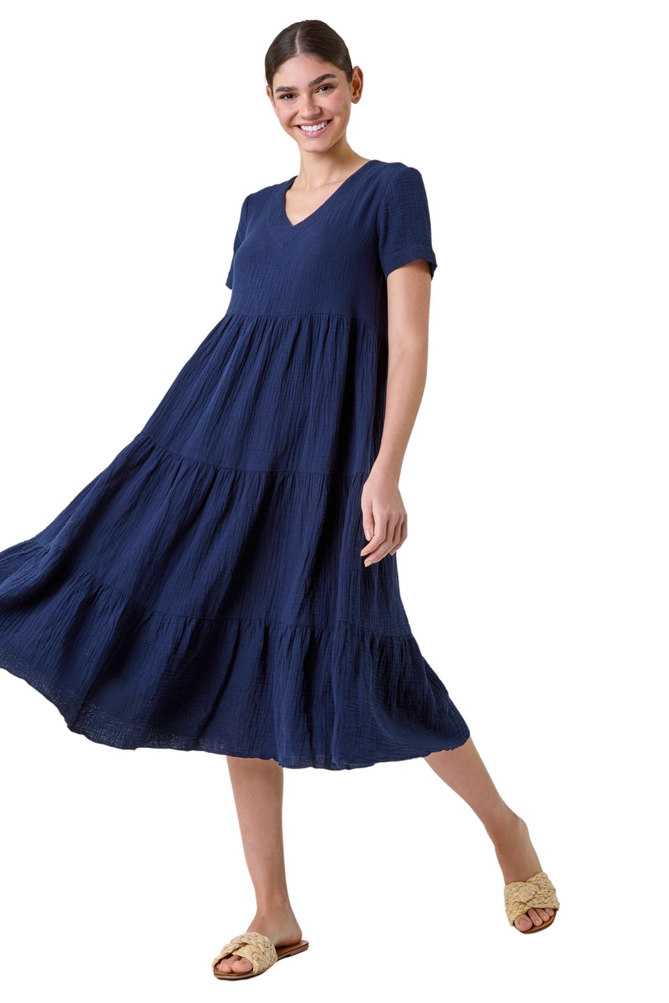 Roman Navy Cotton Textured Tiered Midi Dress