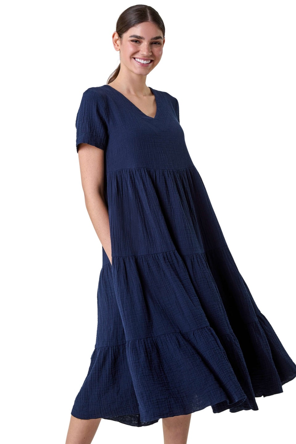 Roman Navy Cotton Textured Tiered Midi Dress