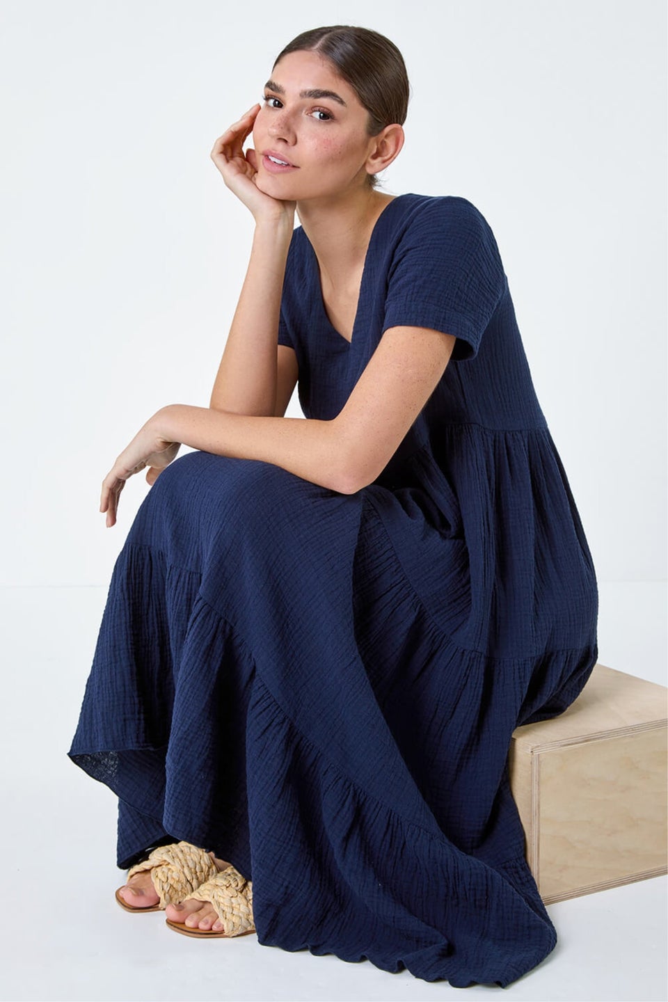 Roman Navy Cotton Textured Tiered Midi Dress