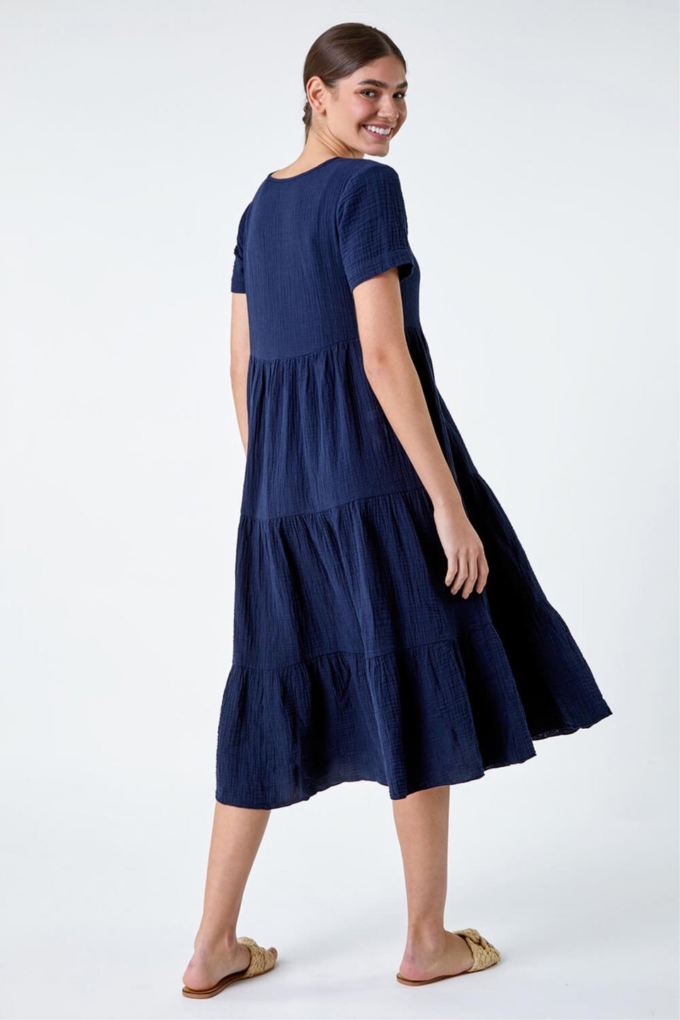 Roman Navy Cotton Textured Tiered Midi Dress