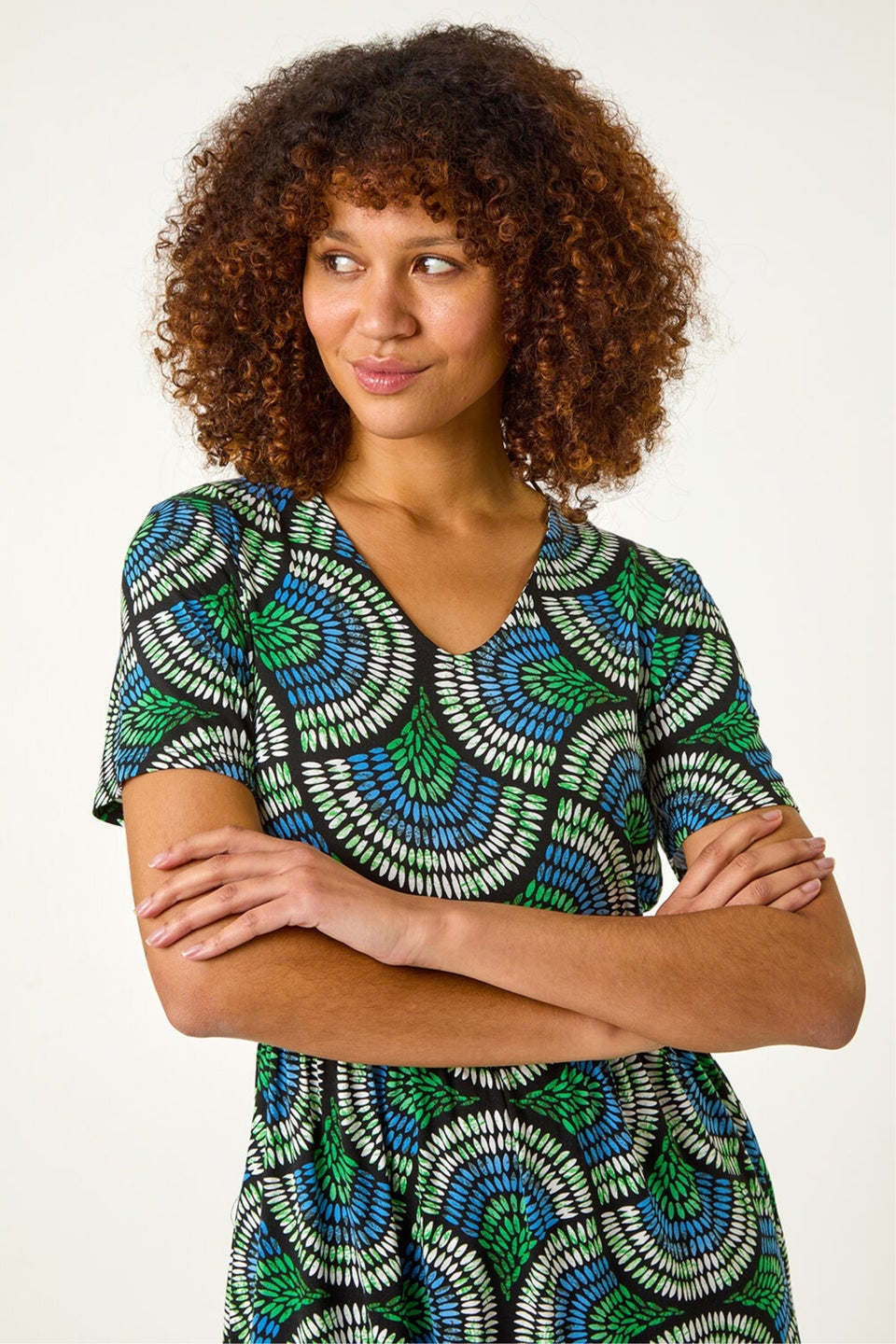 Roman Blue Abstract Print Stretch Midi Dress