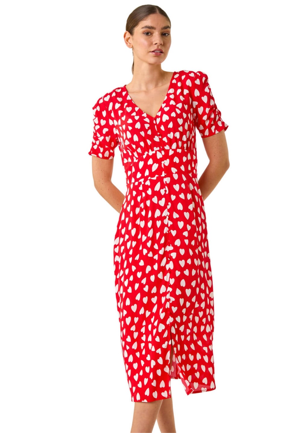 Roman Red Heart Print Ruched Midi Dress
