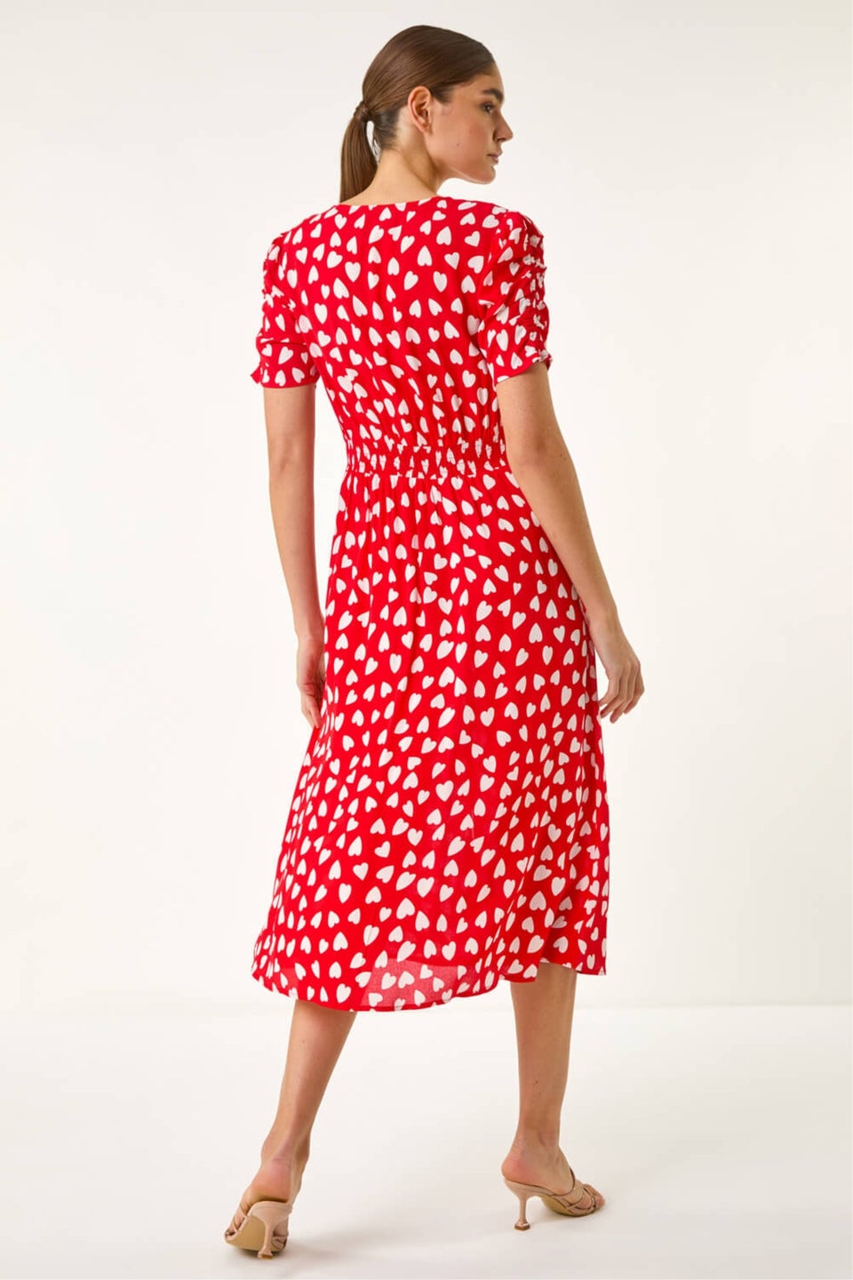 Roman Red Heart Print Ruched Midi Dress