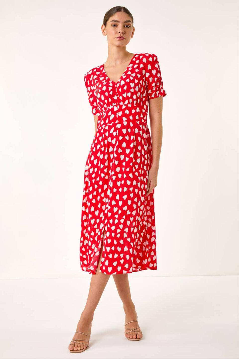 Roman Red Heart Print Ruched Midi Dress