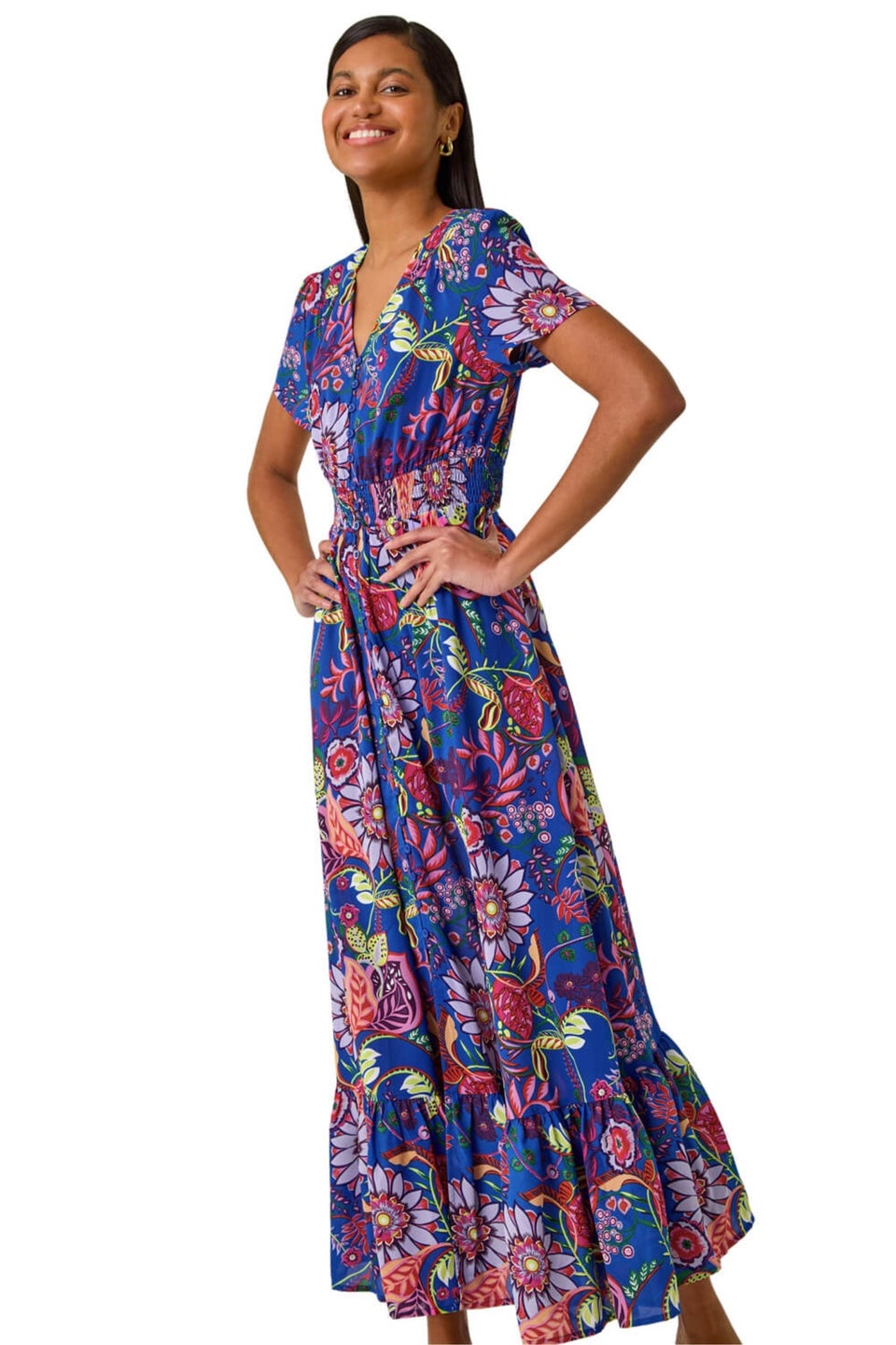 Roman Royal Blue Rose Print Button Detail Maxi Dress