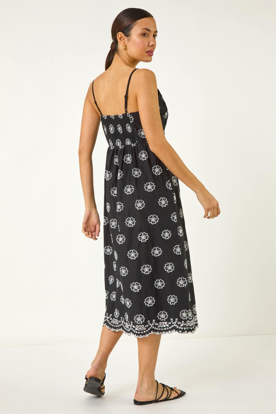 Roman Black Embroidered Strap Midi Sun Dress