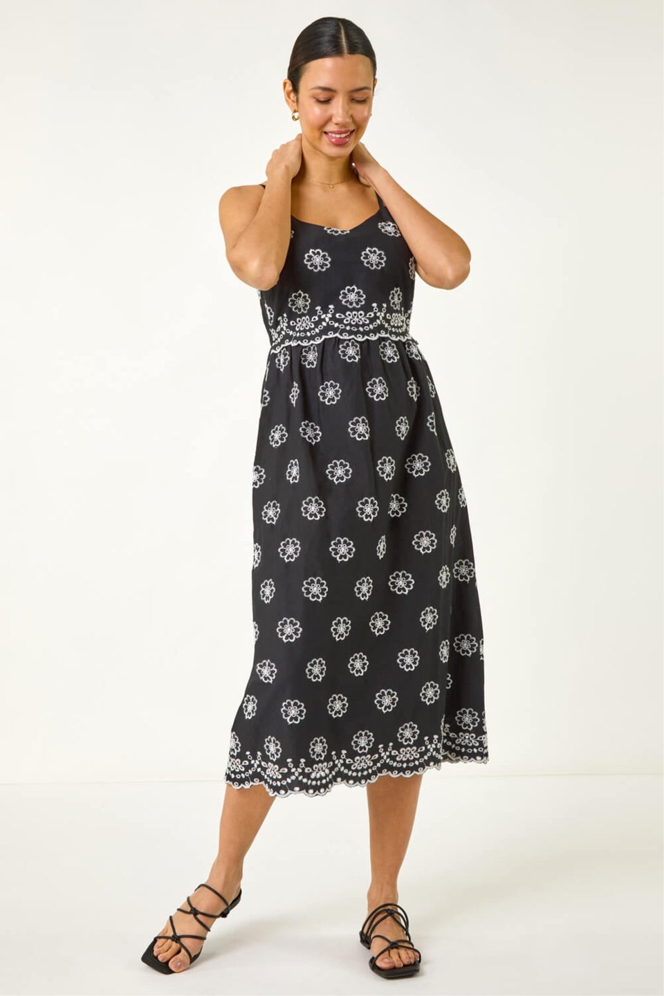Roman Black Embroidered Strap Midi Sun Dress