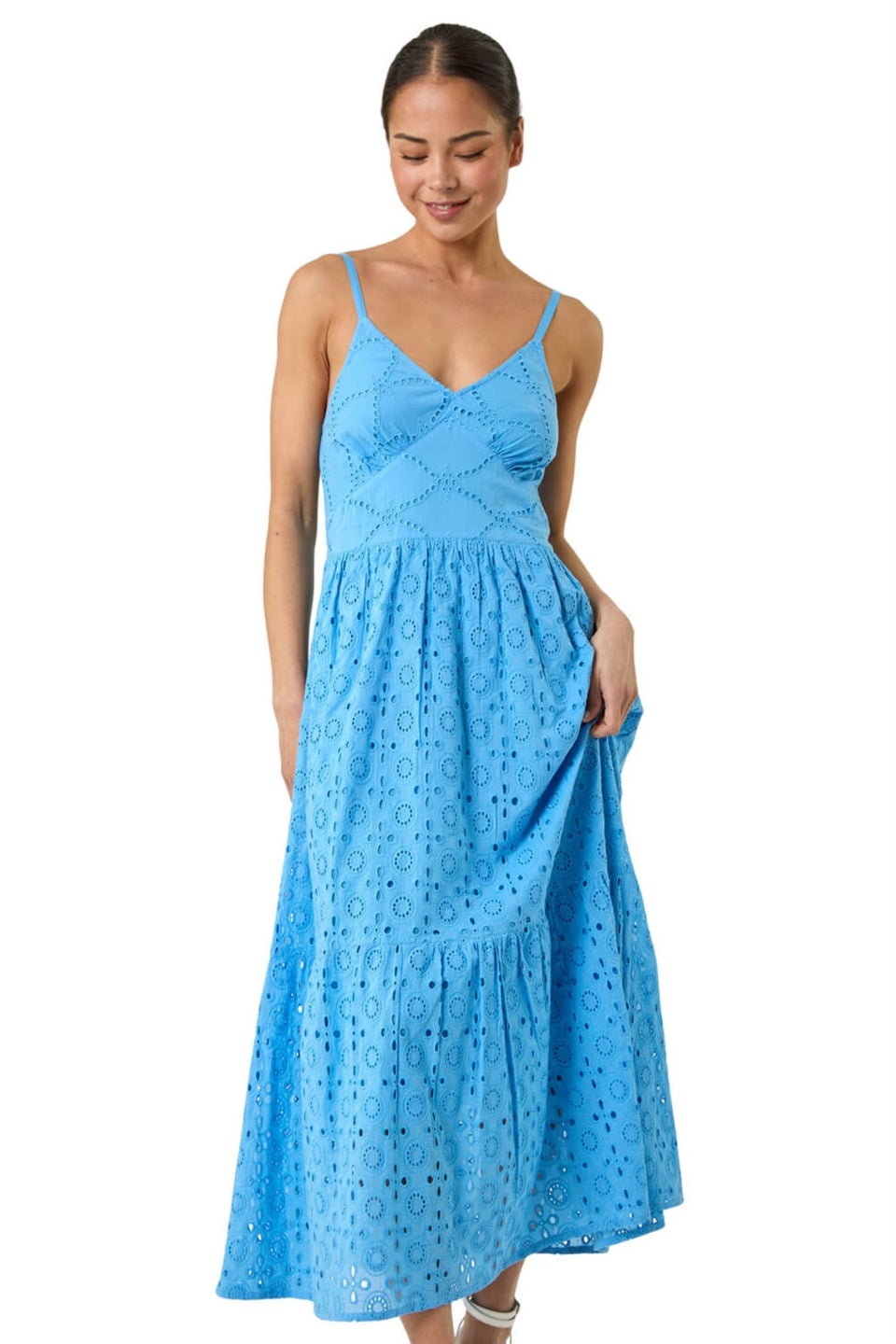 Roman Light Blue Petite Broderie Strappy Maxi Dress