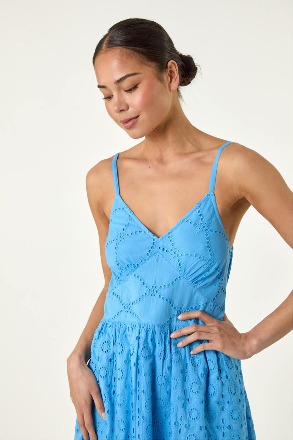 Roman Light Blue Petite Broderie Strappy Maxi Dress