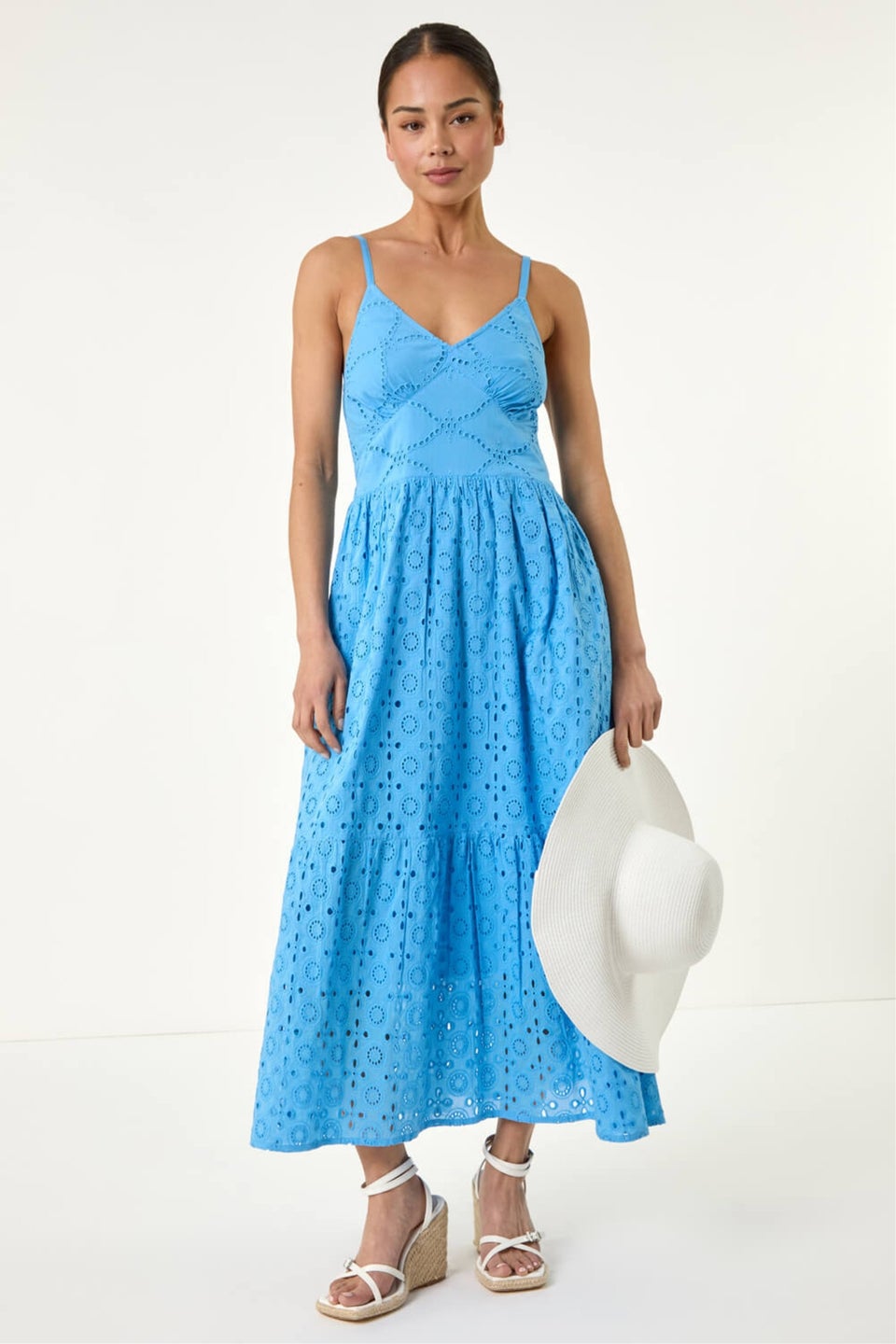 Roman Light Blue Petite Broderie Strappy Maxi Dress