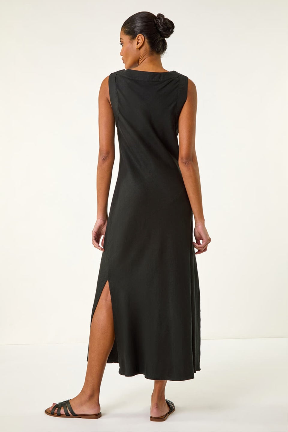 Roman Black Bias Linen Mix Midi Dress