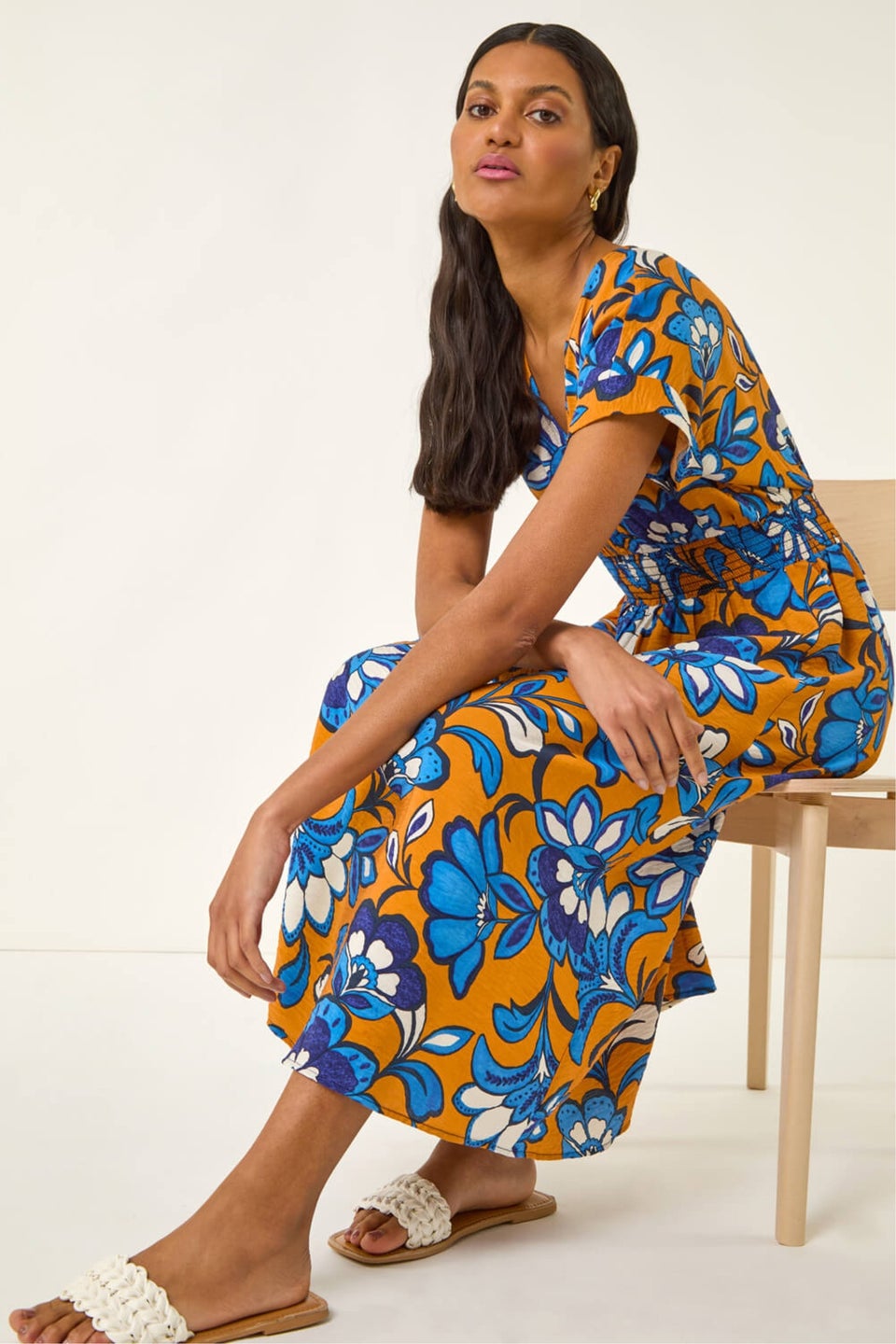 Roman Orange Floral Print Shirred Midi Dress