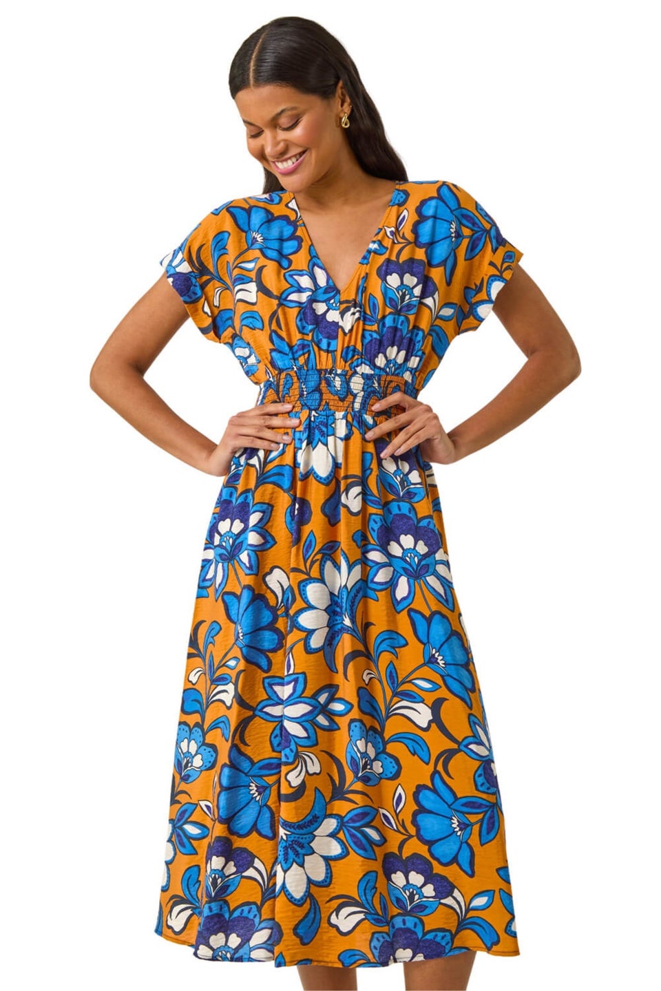 Roman Orange Floral Print Shirred Midi Dress