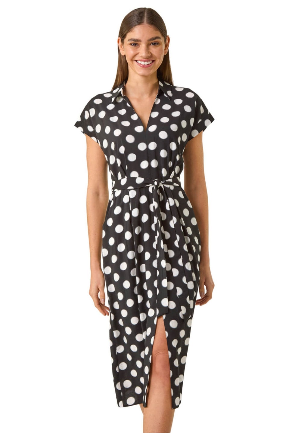 Roman Black Spot Print Belted Midi Dress