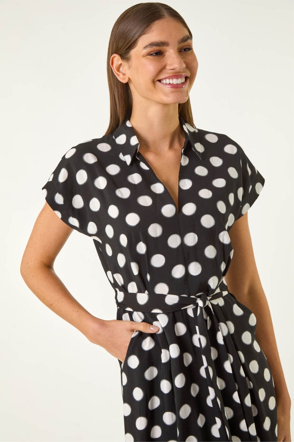 Roman Black Spot Print Belted Midi Dress