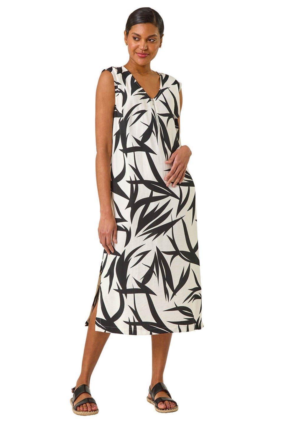 Roman Black Leaf Print Zip Front Midi Dress